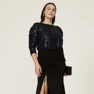 Rebecca Minkoff Carrie Sequin Top Black Long Sleeve Bedazzled Blouse Sz Large